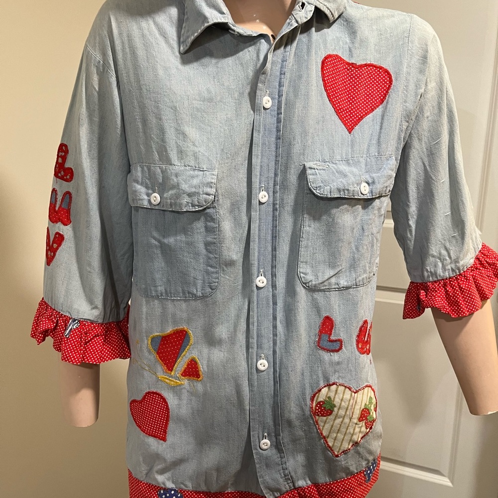 Vintage Hand Made Buttetfly Hearts Patches Shirt